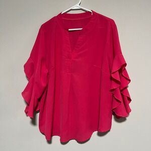 SHEIN CURVE Hot Pink Ruffle Sleeve V-Neck Tunic Blouse Top Womens Plus Size 2XL